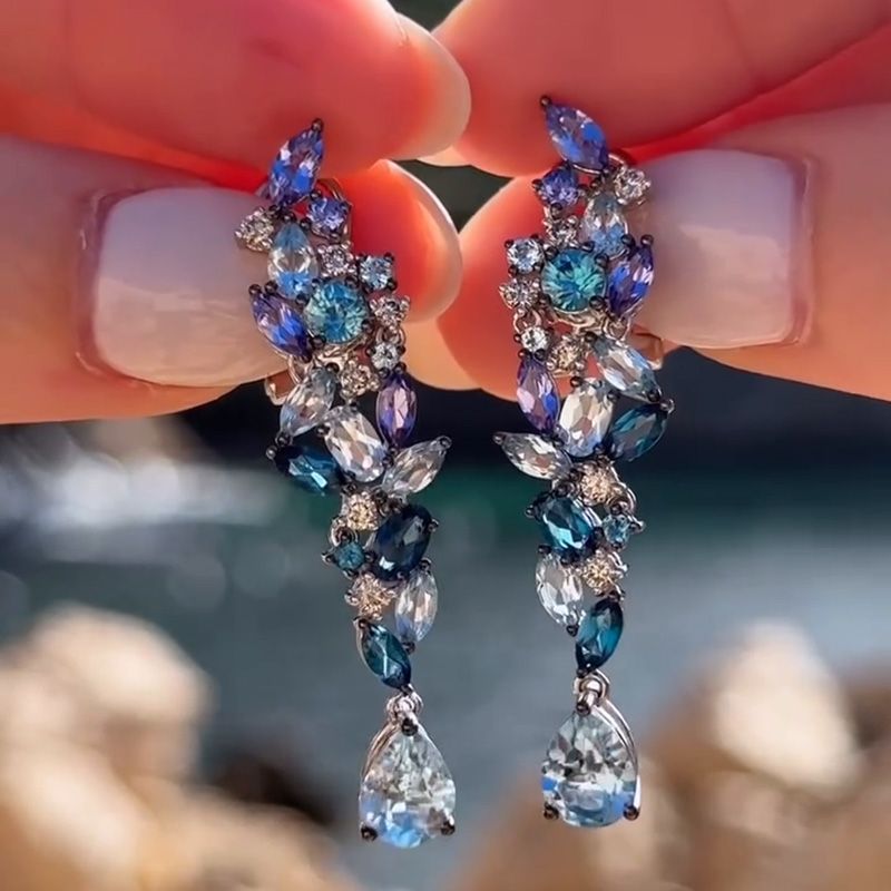 5.5ctw Multi-Shape Cut Clusters of Blue Gemstones Sea Wave Dangling Earrings