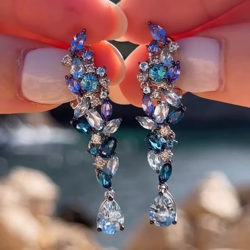 5.5ctw Multi-Shape Cut Clusters of Blue Gemstones Sea Wave Dangling Earrings