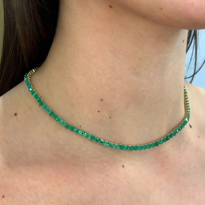 16ctw Princess Cut Emerald Tennis Necklace in Yellow Gold