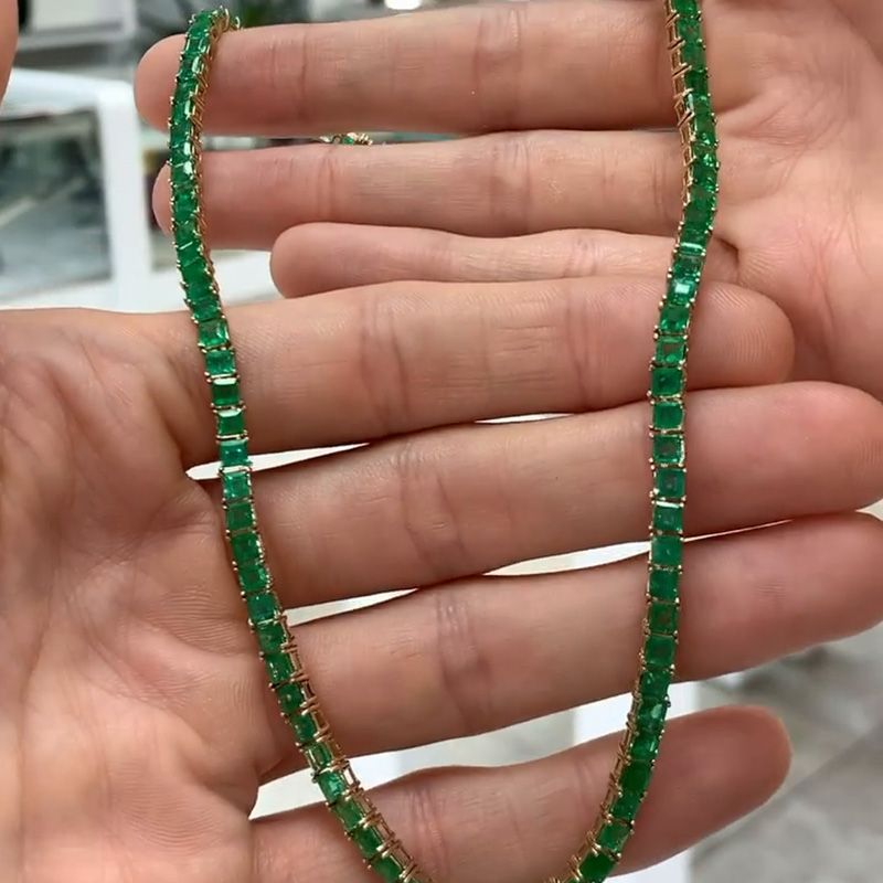 16ctw Princess Cut Emerald Tennis Necklace in Yellow Gold
