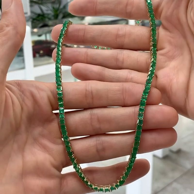 16ctw Princess Cut Emerald Tennis Necklace in Yellow Gold