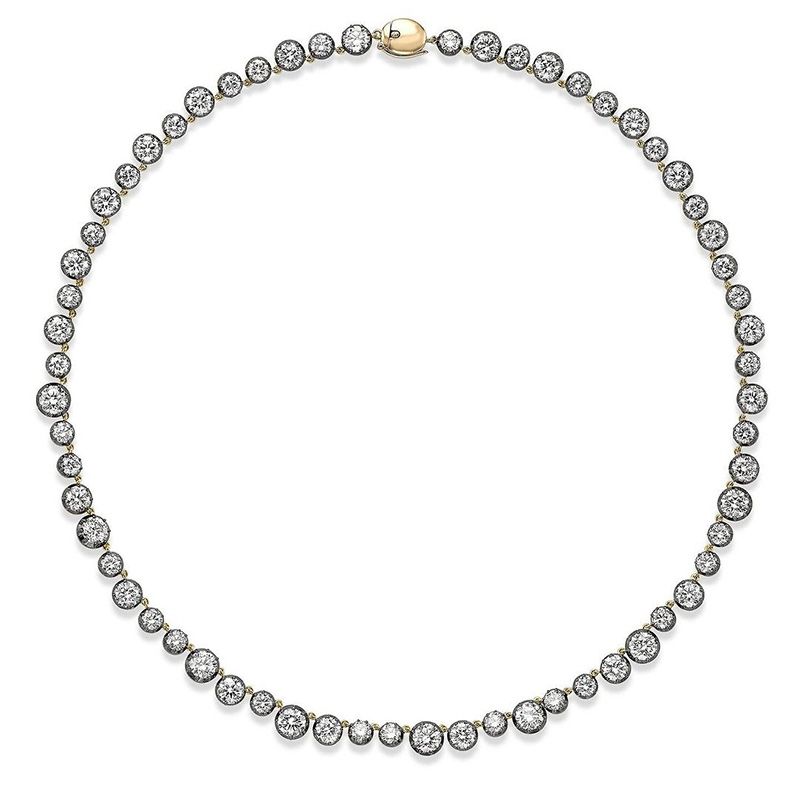 16.25ctw Round Cut White Sapphire Handmade Necklace in Blackened Yellow Gold