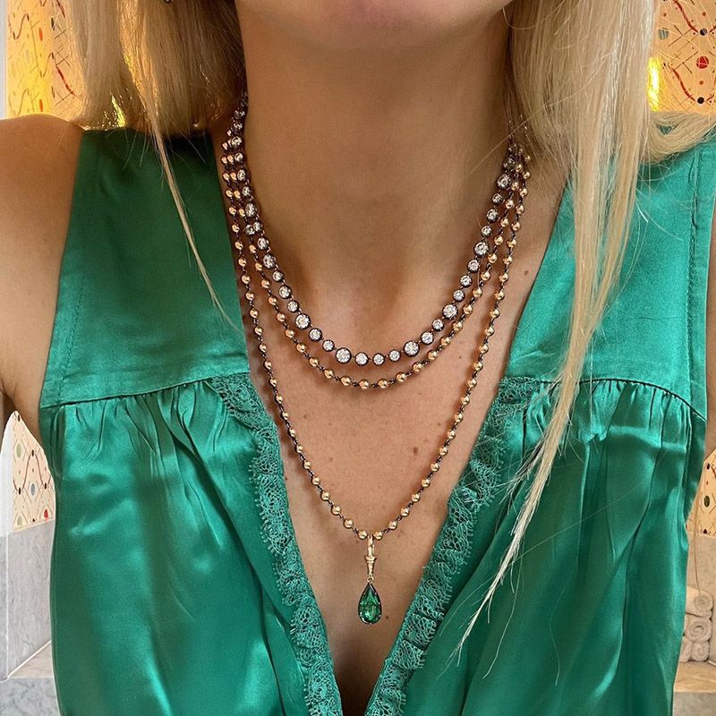 16.25ctw Round Cut White Sapphire Handmade Necklace in Blackened Yellow Gold