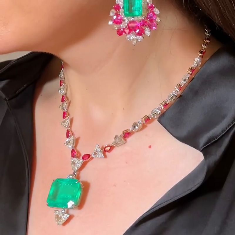 46.9ct Asscher Cut Emerald Pendant With Pear Ruby Handmade Flower Necklace