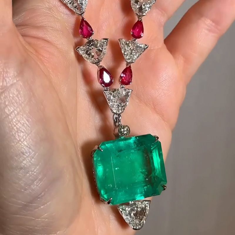46.9ct Asscher Cut Emerald Pendant With Pear Ruby Handmade Flower Necklace