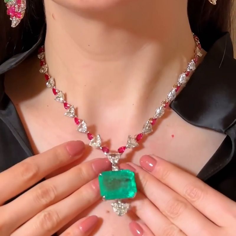 46.9ct Asscher Cut Emerald Pendant With Pear Ruby Handmade Flower Necklace