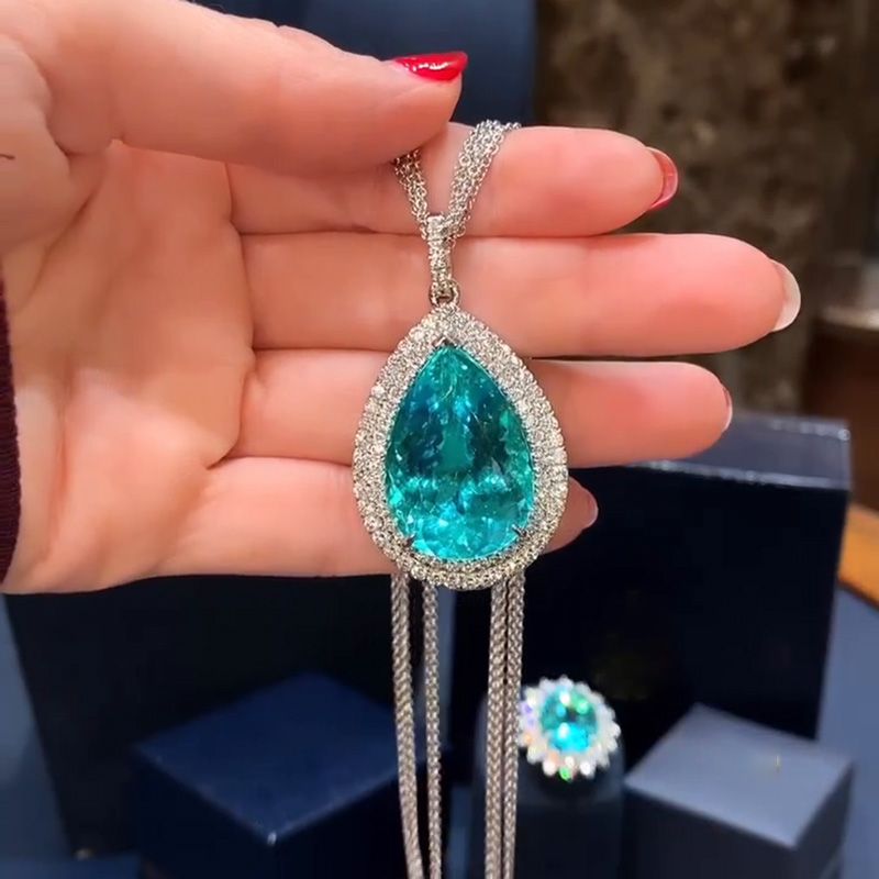 36ct Pear Cut Paraiba Tourmaline Double Halo Pendant Necklace