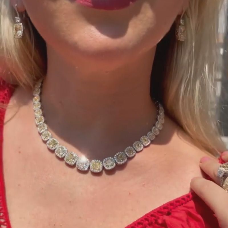 59ctw Cushion Cut Fancy Yellow Sapphire Halo Handmade Necklace