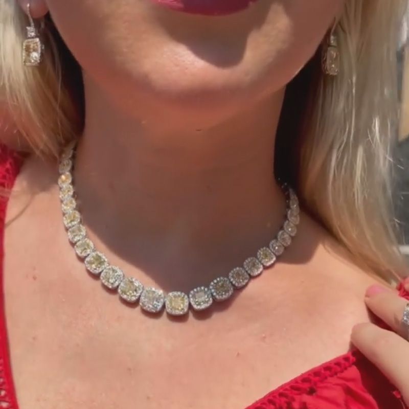 59ctw Cushion Cut Fancy Yellow Sapphire Halo Handmade Necklace