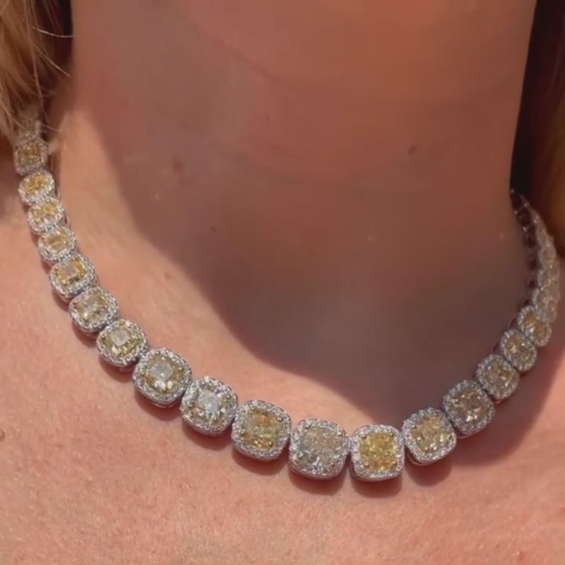 59ctw Cushion Cut Fancy Yellow Sapphire Halo Handmade Necklace