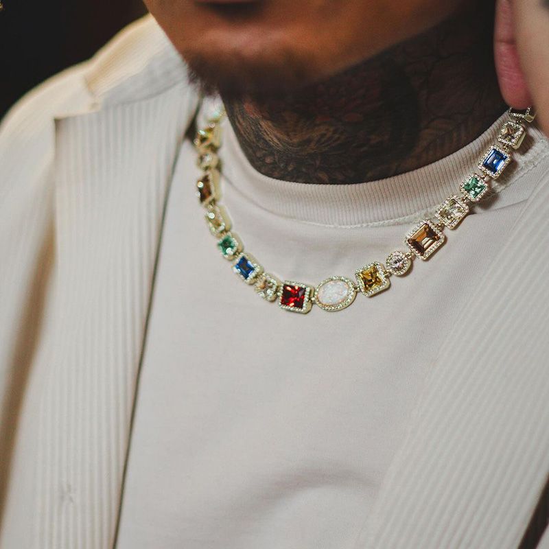 Multi-Cut Colorful Sapphires Halo Handmade Men's Necklace in Yellow Gold