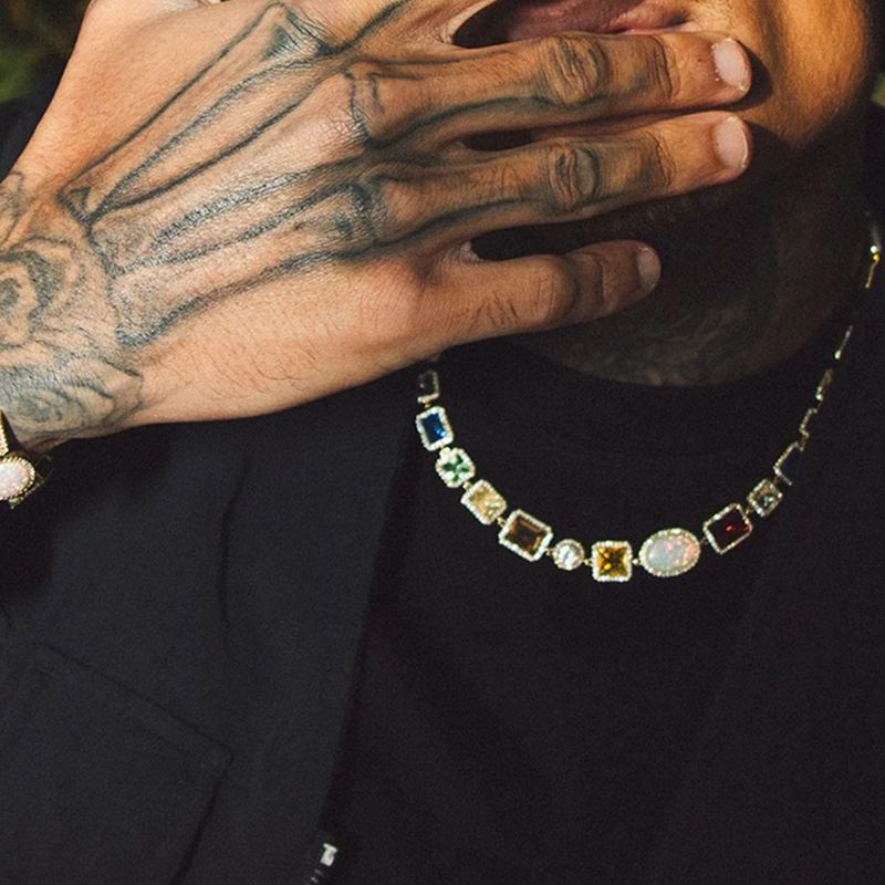 Multi-Cut Colorful Sapphires Halo Handmade Men's Necklace in Yellow Gold