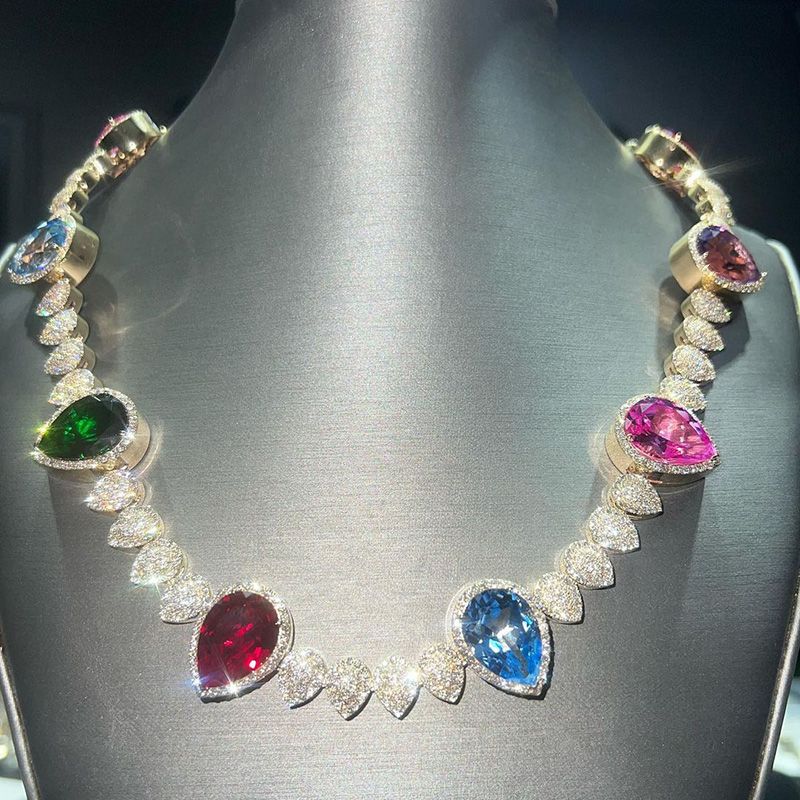45ctw Pear Cut Multi-color Sapphires Paved Handmade Men's Necklace