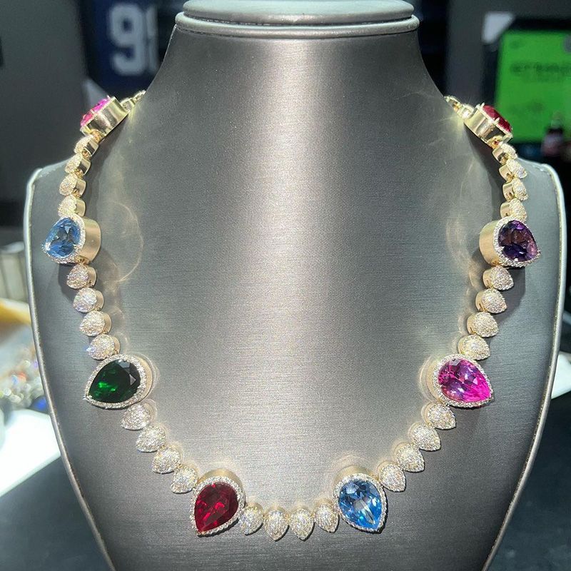 45ctw Pear Cut Multi-color Sapphires Paved Handmade Men's Necklace