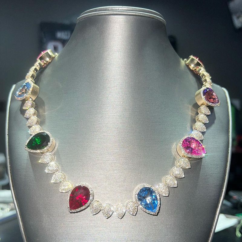 45ctw Pear Cut Multi-color Sapphires Paved Handmade Men's Necklace