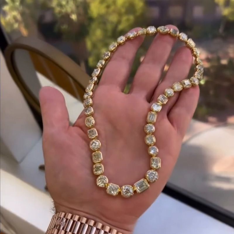 45ctw Multi-Cut White Sapphire Yellow Gold Handmade Statement Necklace