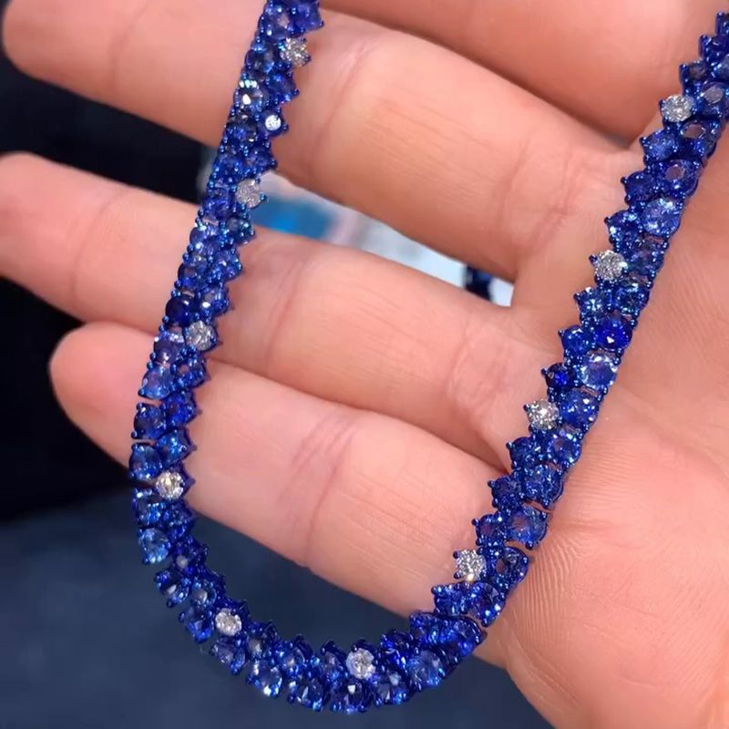 25ctw Round Cut Blue & White Sapphire Classic Handmade Necklace