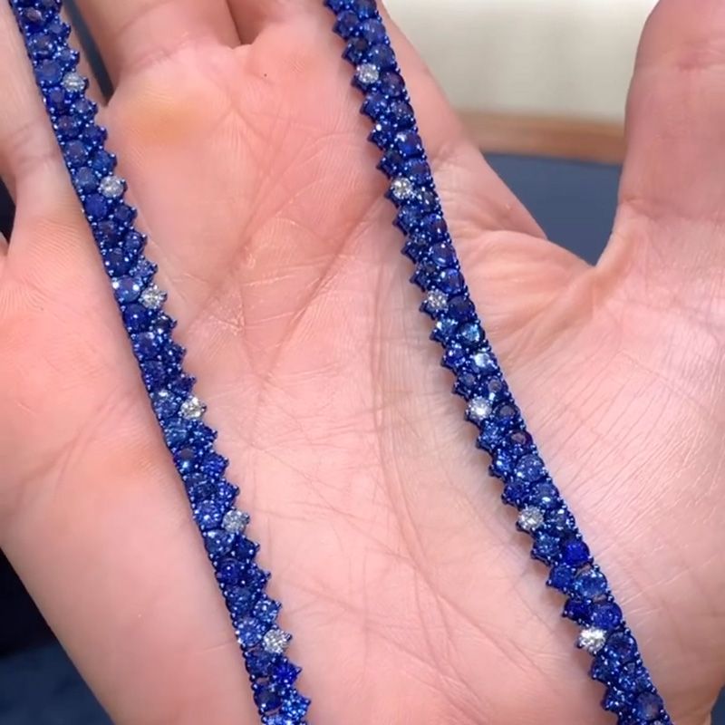 25ctw Round Cut Blue & White Sapphire Classic Handmade Necklace