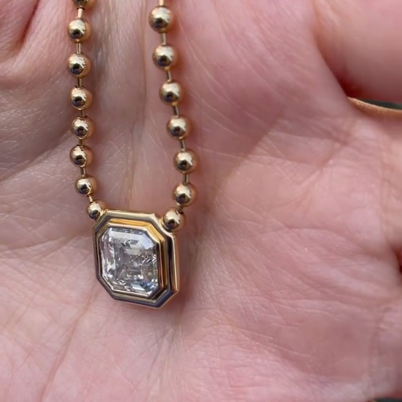 6ct Asscher Cut White Sapphire Double Bubble Bezel Ball Chain Yellow Gold Necklace