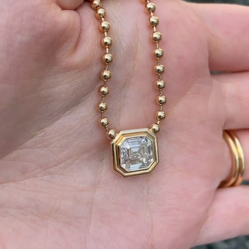 6ct Asscher Cut White Sapphire Double Bubble Bezel Ball Chain Yellow Gold Necklace