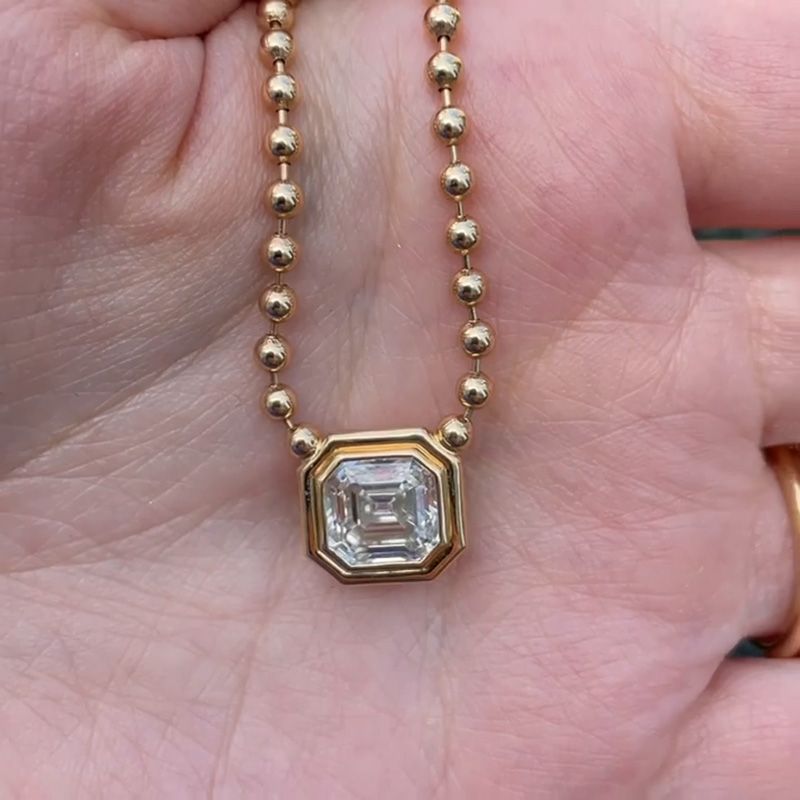 6ct Asscher Cut White Sapphire Double Bubble Bezel Ball Chain Yellow Gold Necklace
