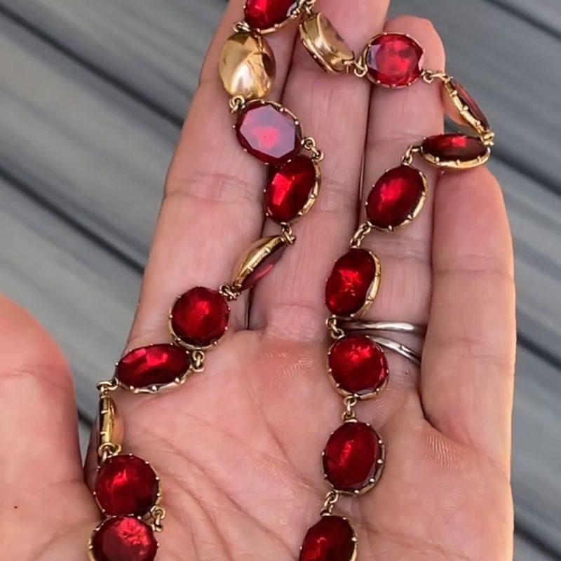 59ctw Oval Cut Ruby Handmade Yellow Gold Rivière Necklace