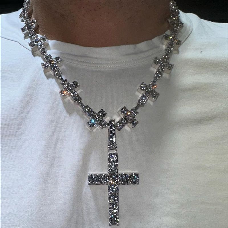 50ctw Round Cut White Sapphire Handmade Men's Cross Necklace
