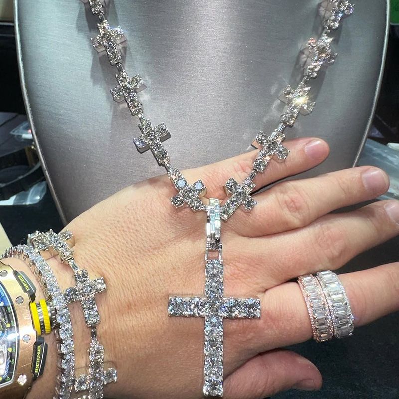 50ctw Round Cut White Sapphire Handmade Men's Cross Necklace