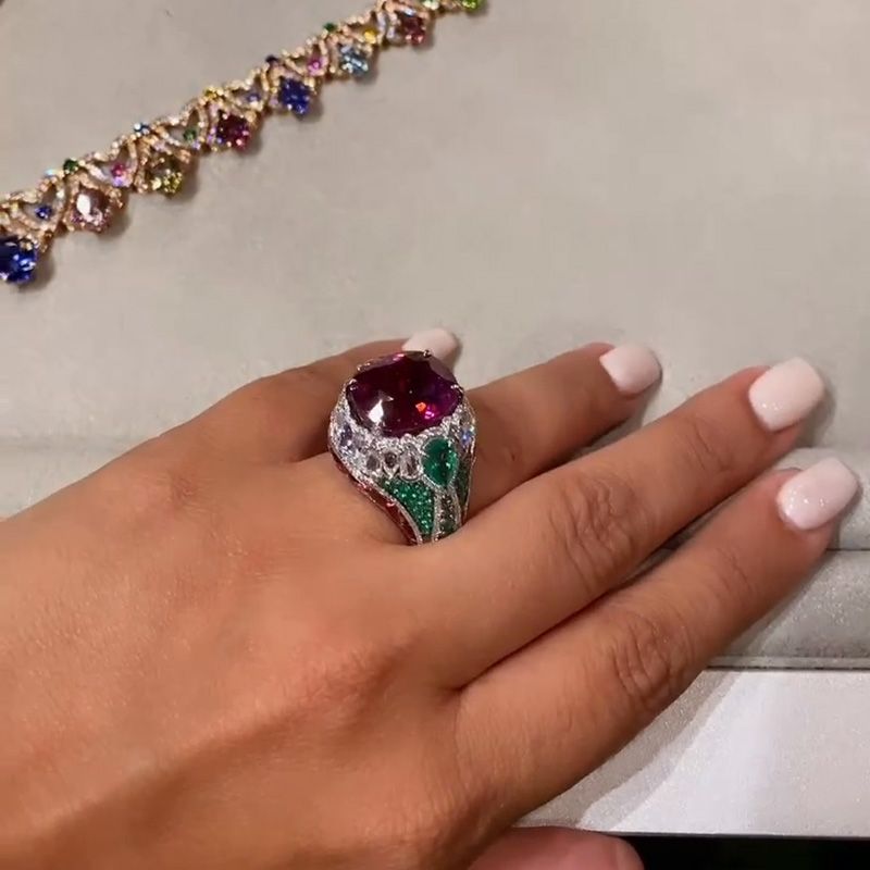 7ct Cushion Cut Ruby Surrounded By White Sapphires & Emeralds Sterling Silver Handmade Cocktail Ring