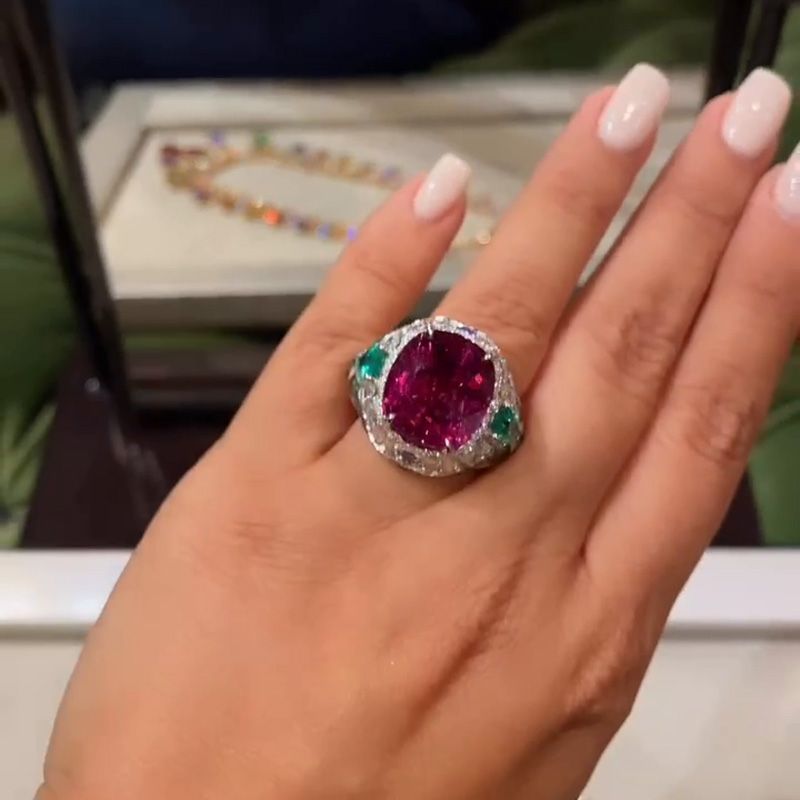 7ct Cushion Cut Ruby Surrounded By White Sapphires & Emeralds Sterling Silver Handmade Cocktail Ring