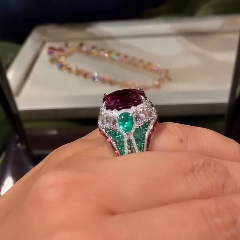 7ct Cushion Cut Ruby Surrounded By White Sapphires & Emeralds Sterling Silver Handmade Cocktail Ring