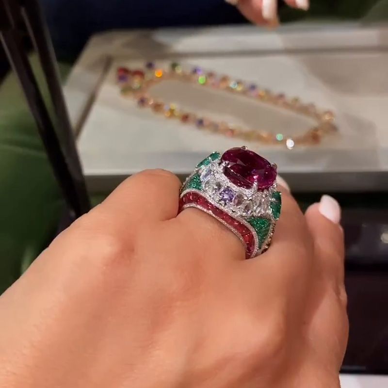 7ct Cushion Cut Ruby Surrounded By White Sapphires & Emeralds Sterling Silver Handmade Cocktail Ring