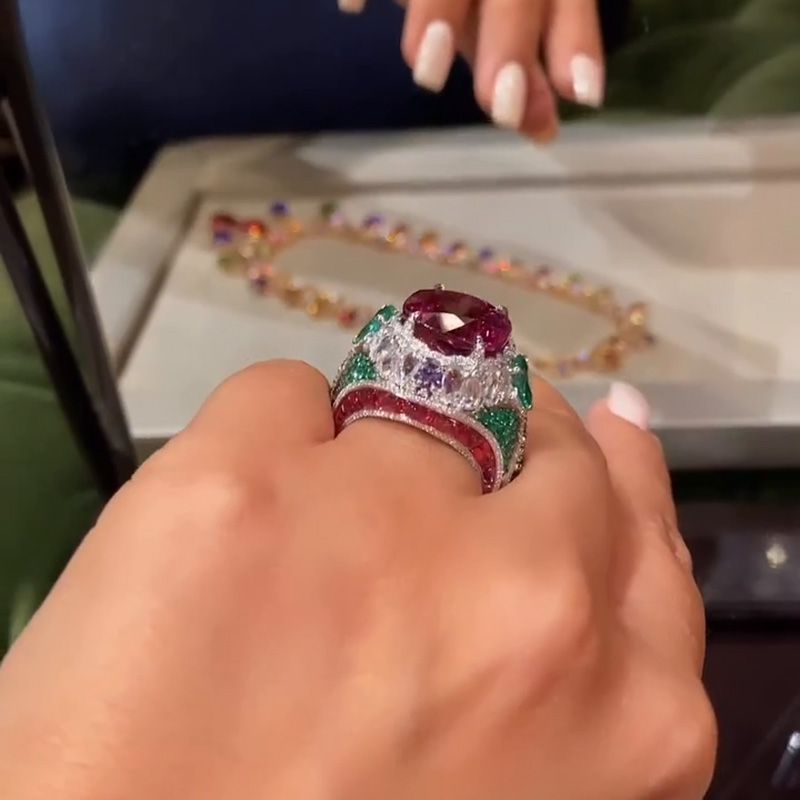 7ct Cushion Cut Ruby Surrounded By White Sapphires & Emeralds Sterling Silver Handmade Cocktail Ring