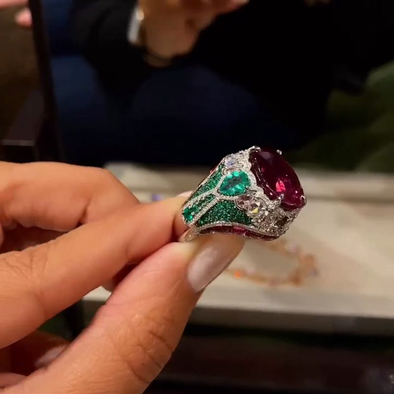 7ct Cushion Cut Ruby Surrounded By White Sapphires & Emeralds Sterling Silver Handmade Cocktail Ring