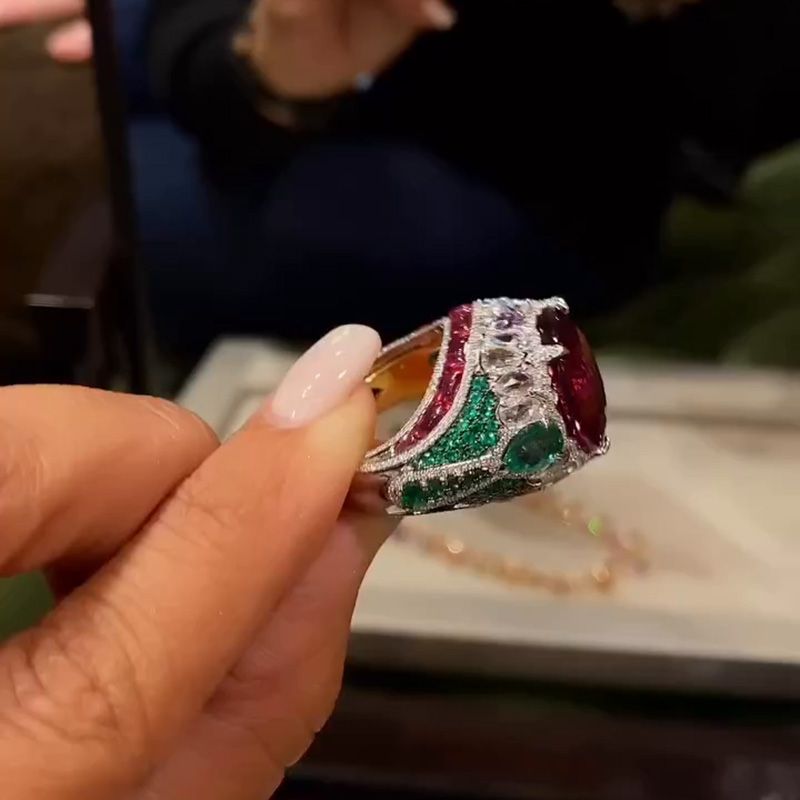 7ct Cushion Cut Ruby Surrounded By White Sapphires & Emeralds Sterling Silver Handmade Cocktail Ring
