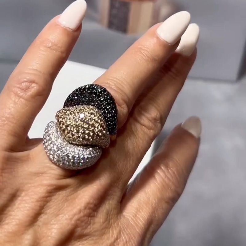 Round Cut White Champagne And Blue Sapphires Paved Handmade Rose Gold Wedding Stackable Band Sets