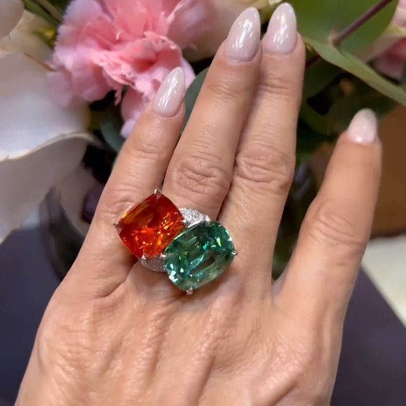 16ct Cushion Cut Orange Red & Green Sapphire Paved Toi Et Moi Ring