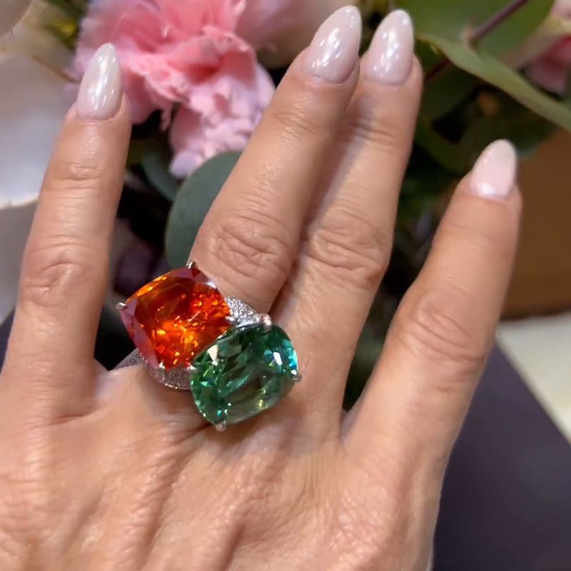 16ct Cushion Cut Orange Red & Green Sapphire Paved Toi Et Moi Ring