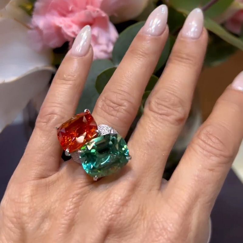 16ct Cushion Cut Orange Red & Green Sapphire Paved Toi Et Moi Ring