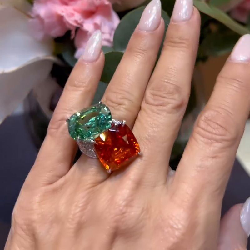 16ct Cushion Cut Orange Red & Green Sapphire Paved Toi Et Moi Ring