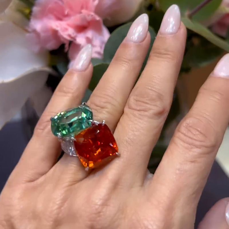 16ct Cushion Cut Orange Red & Green Sapphire Paved Toi Et Moi Ring