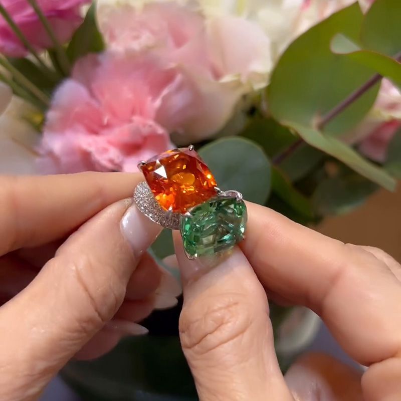 16ct Cushion Cut Orange Red & Green Sapphire Paved Toi Et Moi Ring