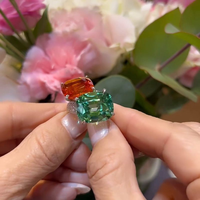 16ct Cushion Cut Orange Red & Green Sapphire Paved Toi Et Moi Ring