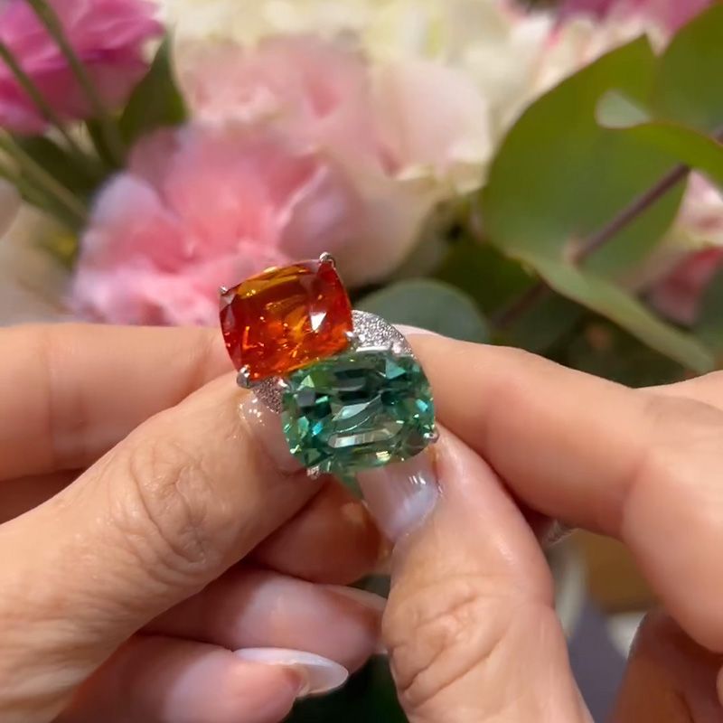 16ct Cushion Cut Orange Red & Green Sapphire Paved Toi Et Moi Ring