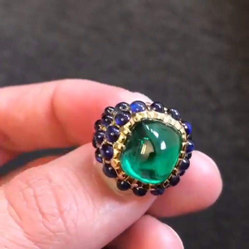 11.5ct Cabochon Emerald & Blue Sapphire Glorious Handmade Yellow Gold Men's Ring