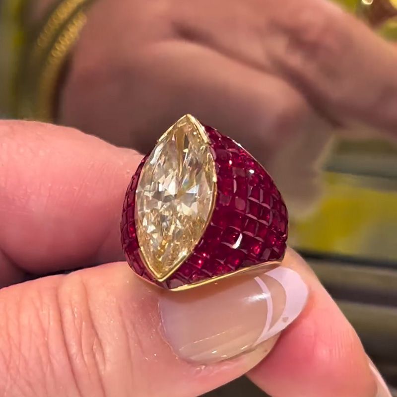 10ct Marquise Cut Yellow Sapphire With Invisible Set Rubies Handmade Yellow Gold Ring