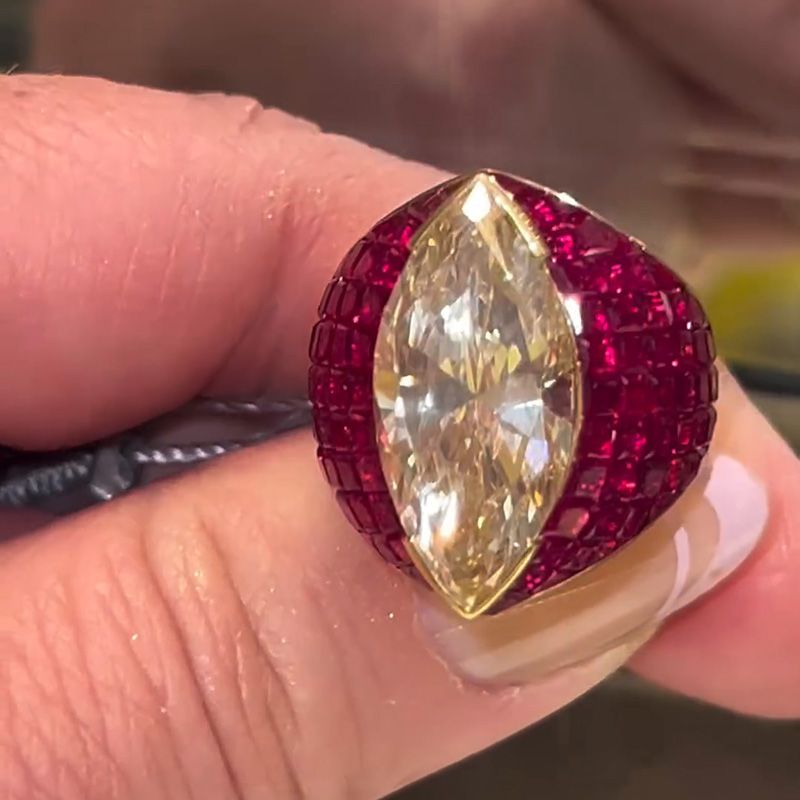 10ct Marquise Cut Yellow Sapphire With Invisible Set Rubies Handmade Yellow Gold Ring