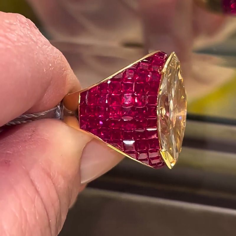 10ct Marquise Cut Yellow Sapphire With Invisible Set Rubies Handmade Yellow Gold Ring