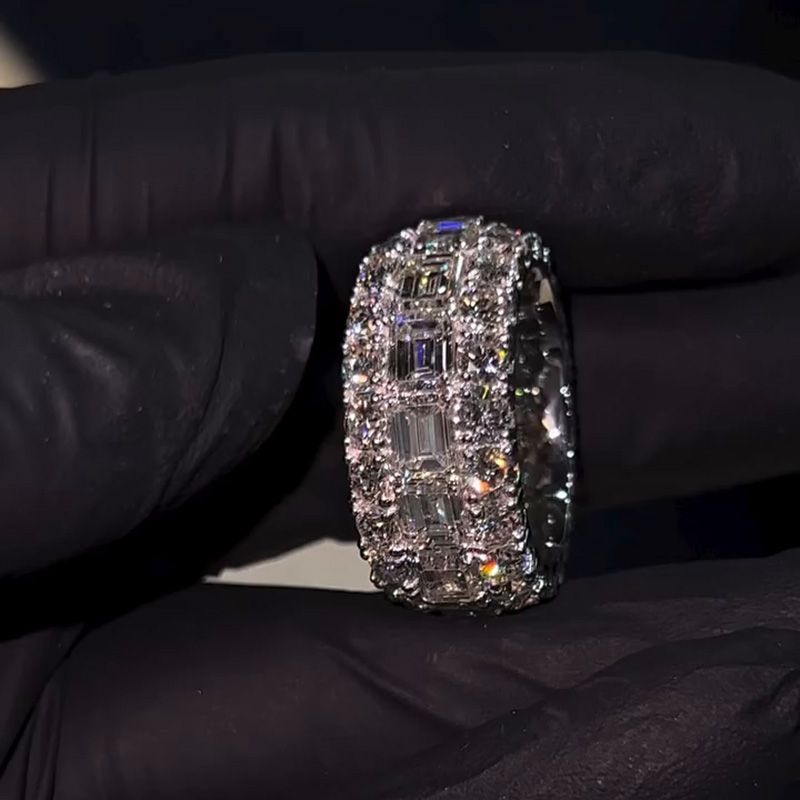 Emerald & Round Cut White Sapphire Eternity Men’s Wedding Ring