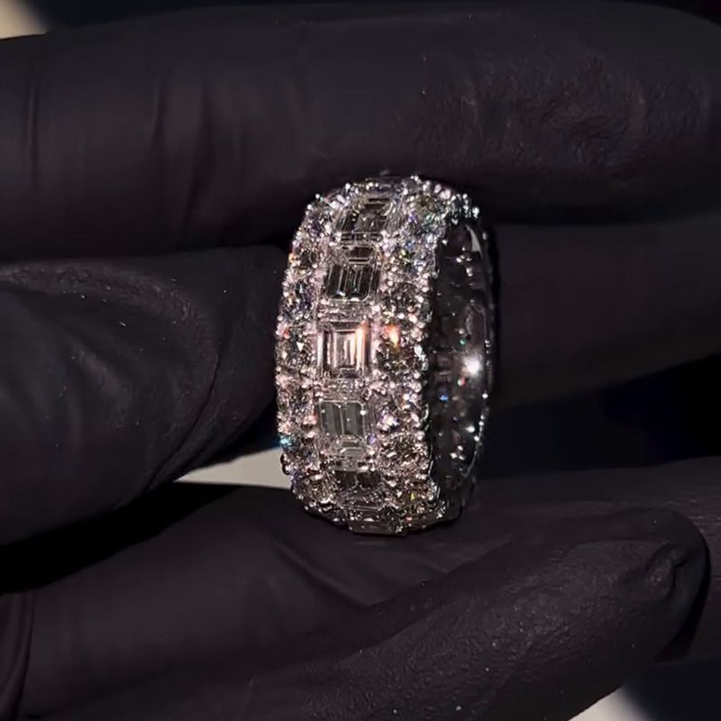 Emerald & Round Cut White Sapphire Eternity Men’s Wedding Ring